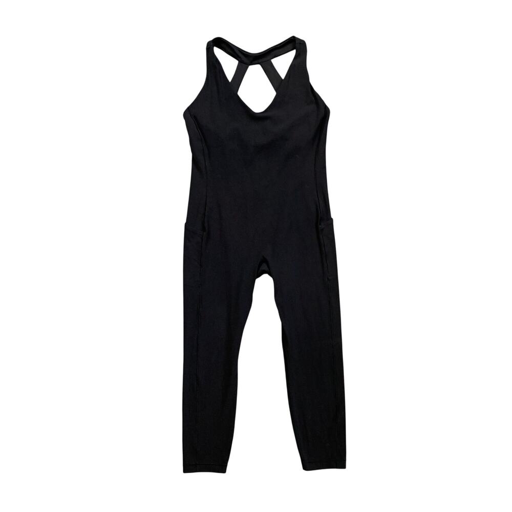 Athleta Bodysuit Women L Large Black Transcend 7/8 Shelf Bra Cross Straps Pocket